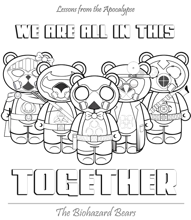 Teddy of the Apocalypse coloring page of Covid-19 - Washing your hands, watching your social distancing and wearing your mask.
